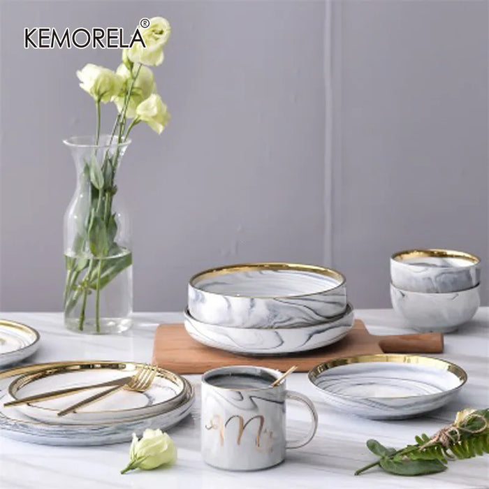 Marble Pattern Ceramic Bowl Phnom Penh Round Salad Steak Dinner Plates Family Soup Bowl Creative Nordic Dessert Tableware Set