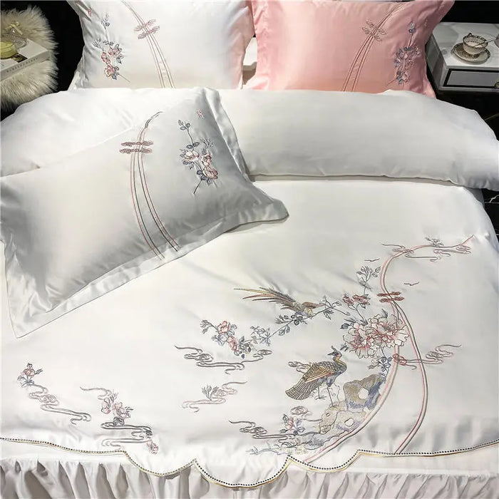 Flowers Birds Embroidery Duvet Cover Bed Sheet Pillowcases White Satin Cotton Solid Bedding Bedspread Bed Skirt Set Luxury