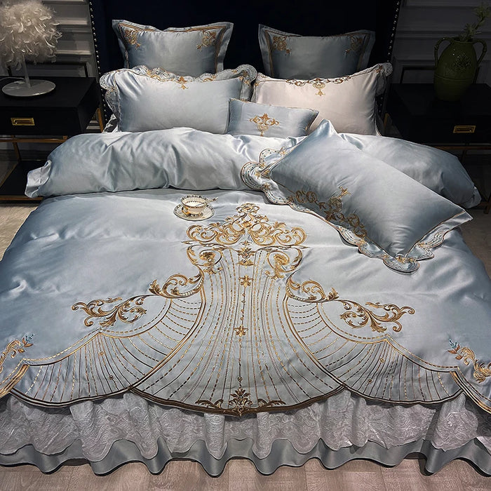 Brand Luxury Satin Egyptian Cotton Bedding Set Gold Embroidery Europe Palace Duvet Cover Bedsheet Lace Bed Skirt Pillowcase