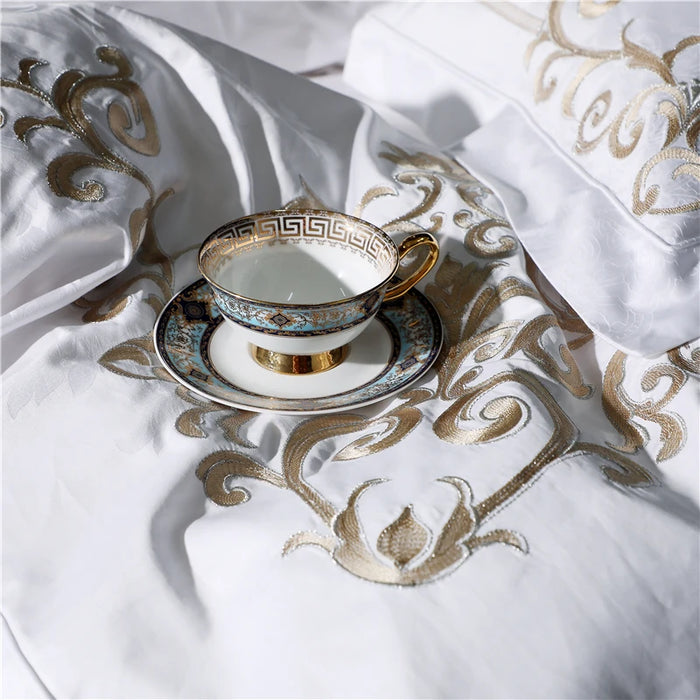 Gold Paisley Bedding Sets Jacquard Embroidery White Cotton Fabric Bedspread Bed Sheets Pillowcase Duvet Cover Cushion Cover