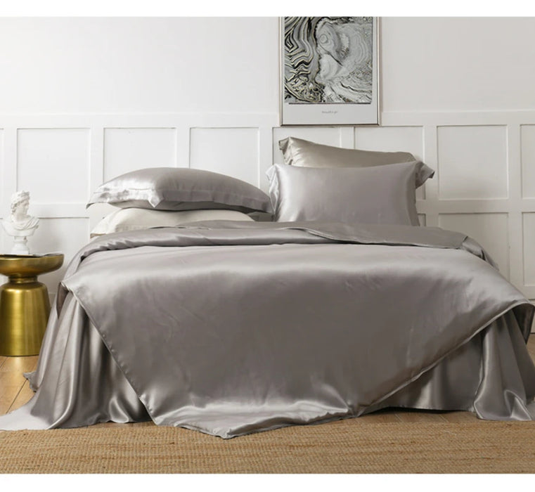 8 Pieces Set 100% Mulberry Silk 30 Mm Seamless Dark Gray Silvery Colors 140 x 200 Cm Sheet Duvet Cover Pillow Blanket