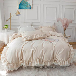 Vintage Farmhouse Solid White Blue Bedding set 100%Cotton Soft Double Ruffles Duvet Cover Bedskirt Pillowcases 4/6Pcs Bed Set