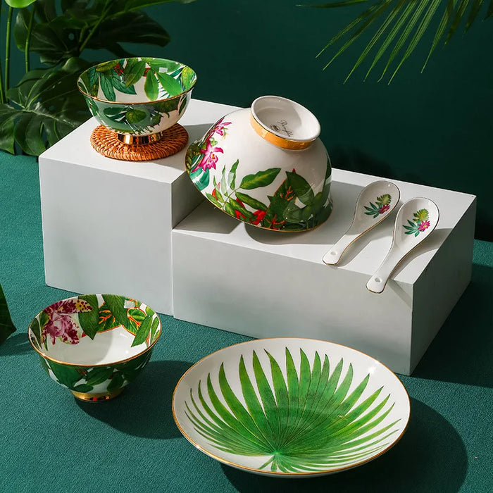 Dinnerware Set Jungle Tableware Set Bone China Big Fish Plate Soup Bowl 28pcs /set Golden Rim Rice Bowl Flat Plate Flower Design