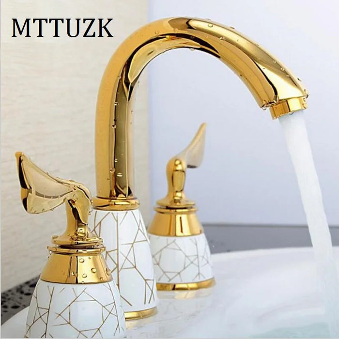 3 piece Set Faucet Bathroom Mixer Deck Mounted Sink Tap 3 Hole Basin Faucet Set Ceramic Copper Faucet Golden Finish Mixer Tap