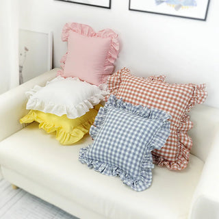 Blue/Red Checkered Pillows Cotton Ruffled Sofa Cushion Nordic Modern Simple Comfortable Fabric Texture Pink  Bedroom Cushion