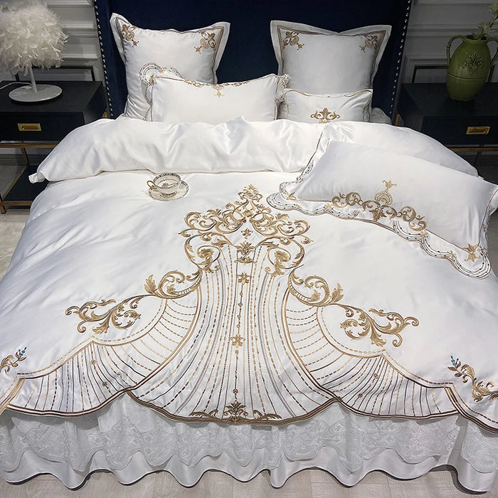 Brand Luxury Satin Egyptian Cotton Bedding Set Gold Embroidery Europe Palace Duvet Cover Bedsheet Lace Bed Skirt Pillowcase