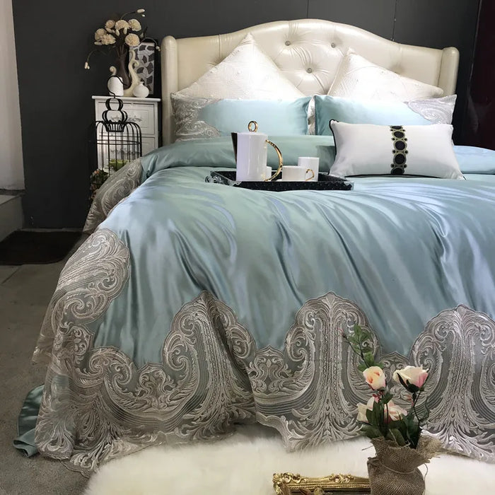 Brand Luxury French 600TC Smooth Cotton Lace Bedding Set European Royal Palace Egyptian Cotton Duvet Cover Flat Sheet Bedspread