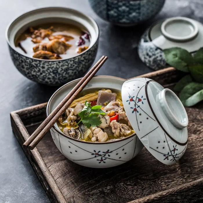 Ceramic Home Bowl with Lid, Antique Cyan Glaze, Instant Noodle, Soup and Ramen Bowl, Japanese-style Household Bowl with Lid