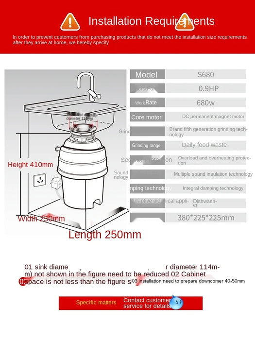 TT New S680 Garbage Disposal Kitchen Family-Use Grinder Sink Crushing Automatic