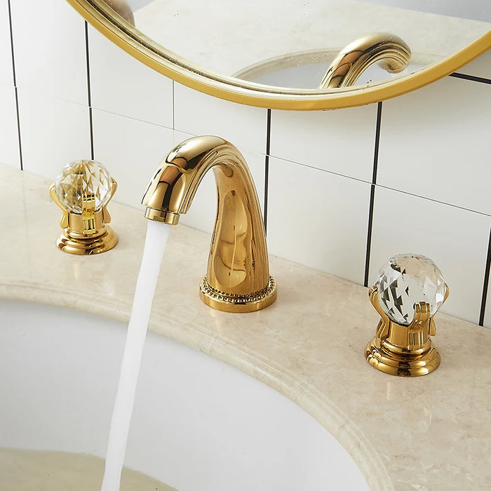 Basin Faucets Mixer Gold Brass Bathroom Sink Faucet 3 Holes Crystal Double Handle Hot and Cold Water Gold Bathroom Bathtub Taps