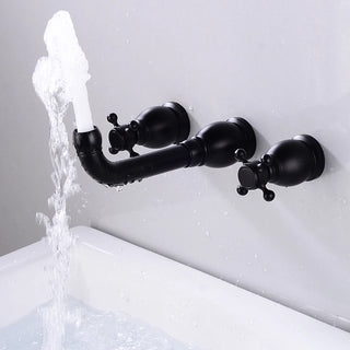 Becola Basin Set 3 Hole Antique/Black Brass Double Cross Handle Wall Mounted Bathroom Sink Faucet Hot Cold Tap In-Wall