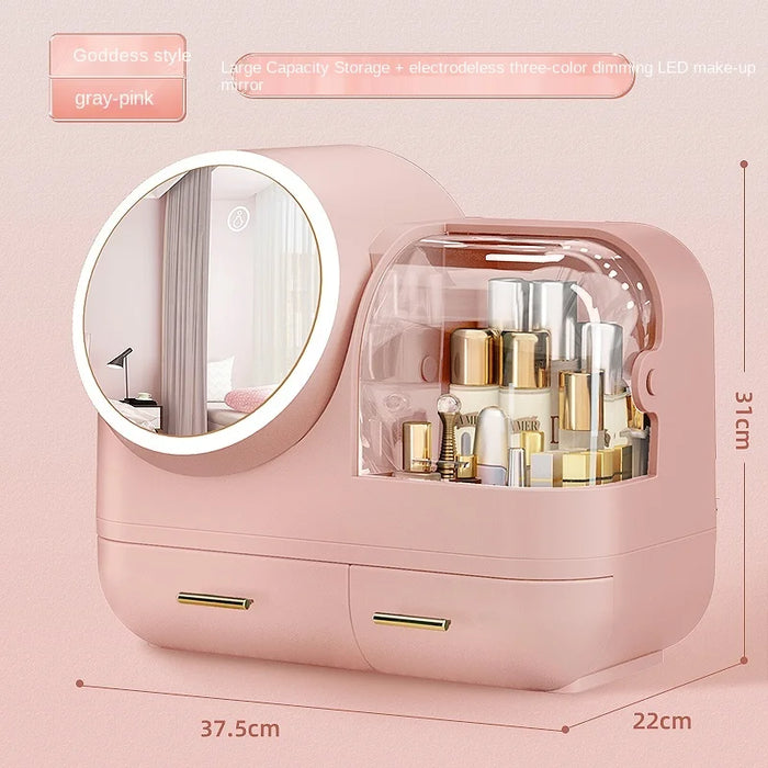 TT Makeup Storage Box Dustproof with Mirror Integrated Desktop Dresser Large Capacity Lipstick Skin Care Products Storage Rack