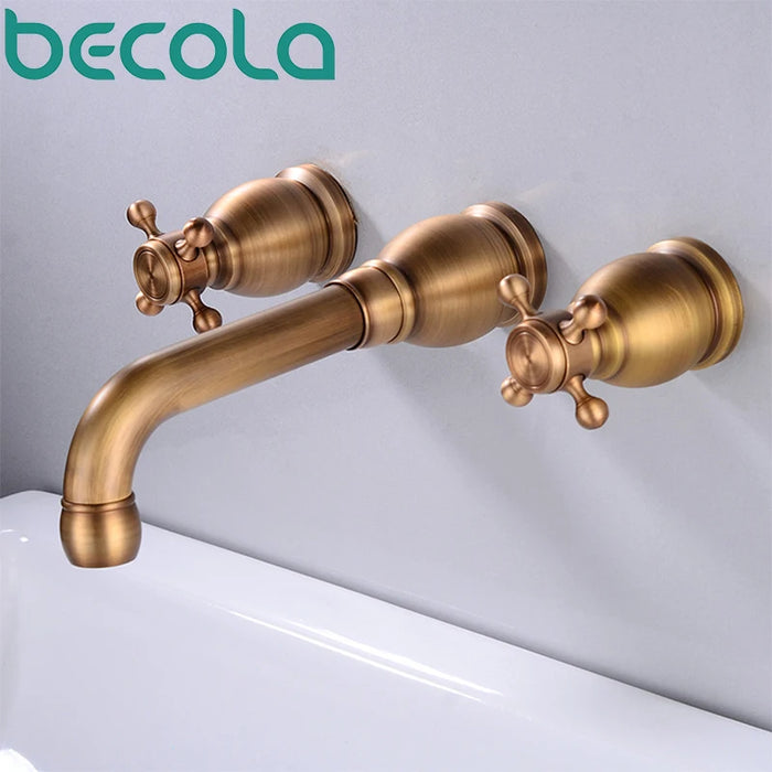 Becola Basin Set 3 Hole Antique/Black Brass Double Cross Handle Wall Mounted Bathroom Sink Faucet Hot Cold Tap In-Wall