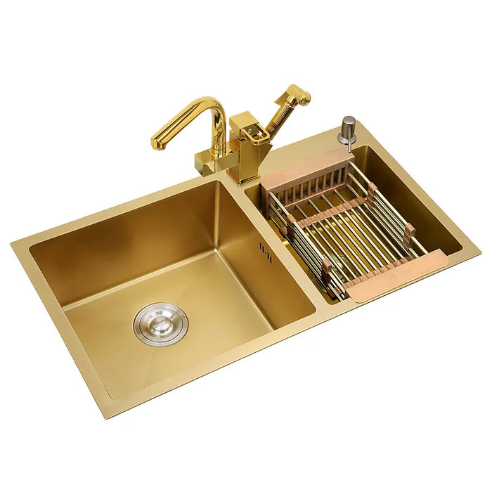 Home Improvement Nano-coating Sinks Vegetable Washing 304stainless Steel Kitchen Sinks Gold Double Bowl With Tap Above Counter