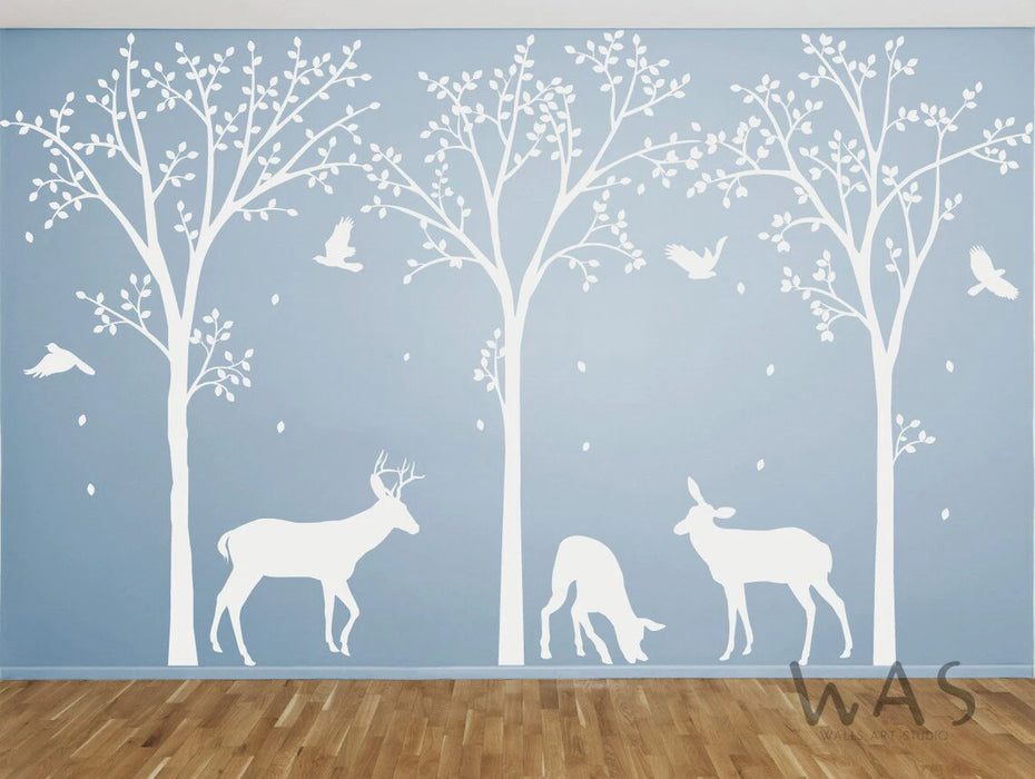 Large Birch Tree Deer Bird Wall Sticker Living Room Baby Nursery Jungle Woodland Wildlife Forest Animal Wall Decal Bedroom Vinyl