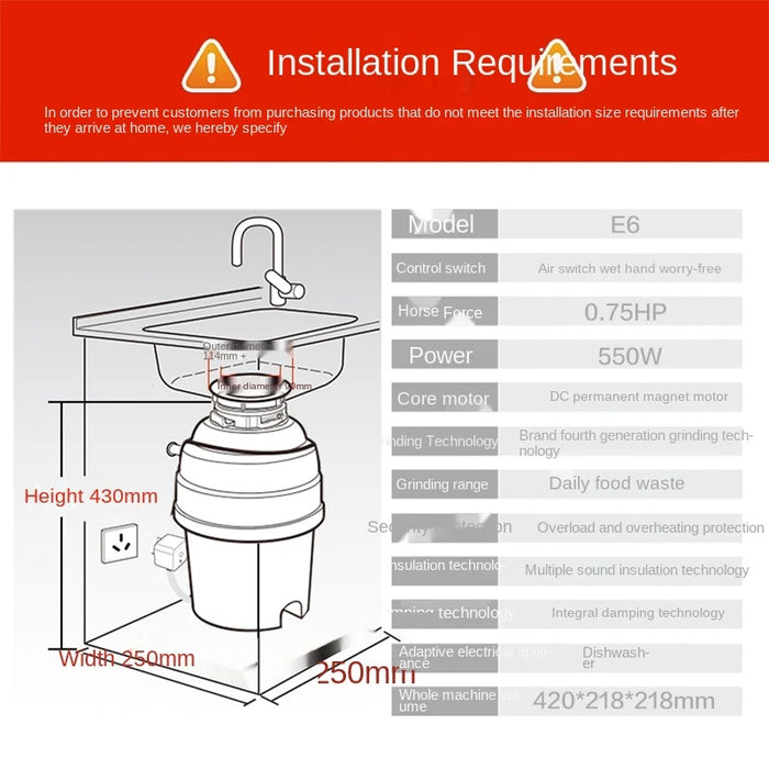 TT New E6 Household Kitchen Garbage Disposal Sink Kitchen Waste Grinder High Speed