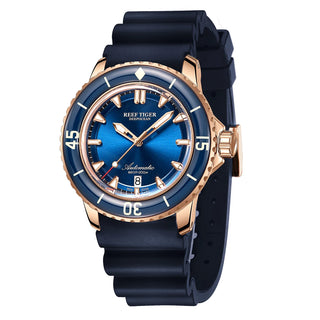 Reef Tiger/RT Top Brand Watch For Men Mechanical Dive Watches Rose Gold Rubber Strap Luminous Waterproof Watch RGA3035