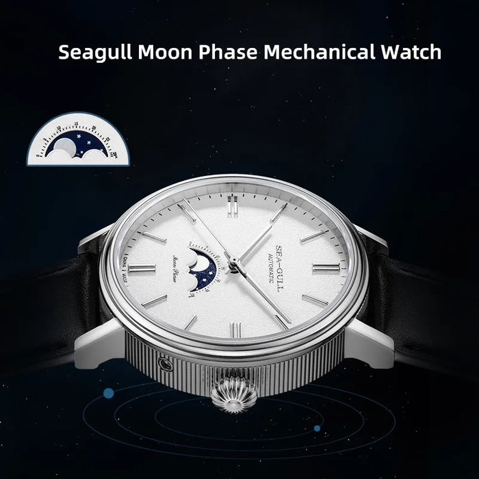 New Seagull Automatic Mechanical Watch Moon Phase Leather Casual Business Wristwatch Mechanical Relojes Hombre 819.12.6136