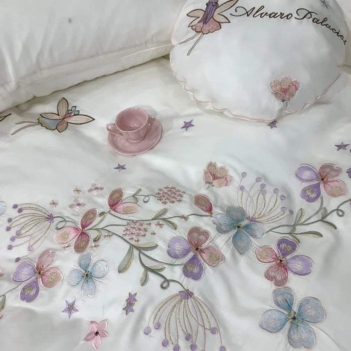 Korean White Floral Embroidery Lace Princess Bedding Set Luxury Egyptian Cotton Duvet Cover Bed Sheet Bedspread Pillowcases