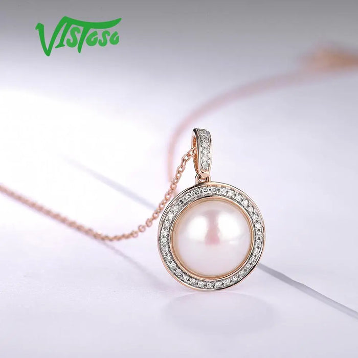 VISTOSO Gold Pendant For Women Pure 14K 585 Rose Gold Sparkling Diamond Elegant Fresh Water Pearl Pendant For Lady Fine Jewelry