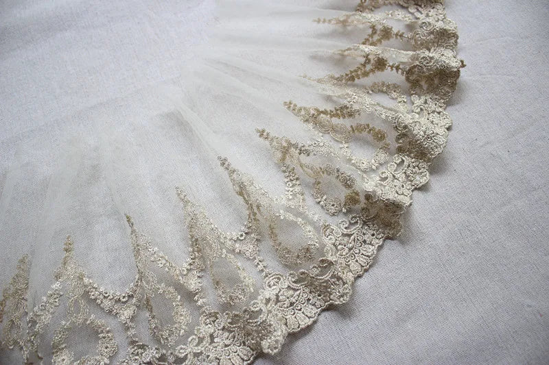 20CM Wide White Tulle Lace Fabric Glitter Gold Thread Embroidery Fringe Ribbon DIY Wedding Dress Apparel Curtains Sewing Decor