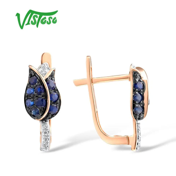 VISTOSO Jewelry Set For Woman Pure 14K 585 Rose Gold Sparkling Blue Sapphire Diamond Tulip Earrings Ring Set Fine Jewelry