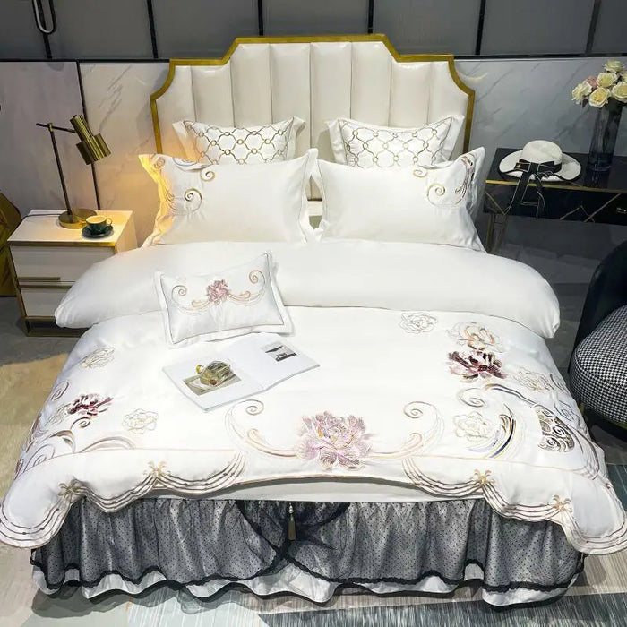 Flowers Embroidery Bedding Bedspread Set White Soft Satin Cotton Duvet Cover Bed Sheet Lace Bed Skirt Pillowcases