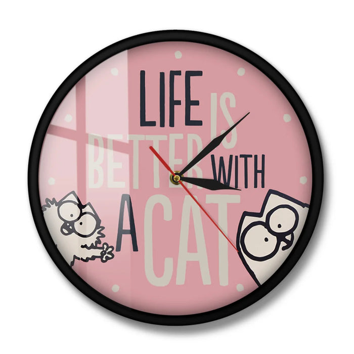 Life Is Better With A Cat Inspirational Cat Quote Modern Wall Clock Watch Girl Room Pink Wall Decor Cat Lover Housewarming Gift