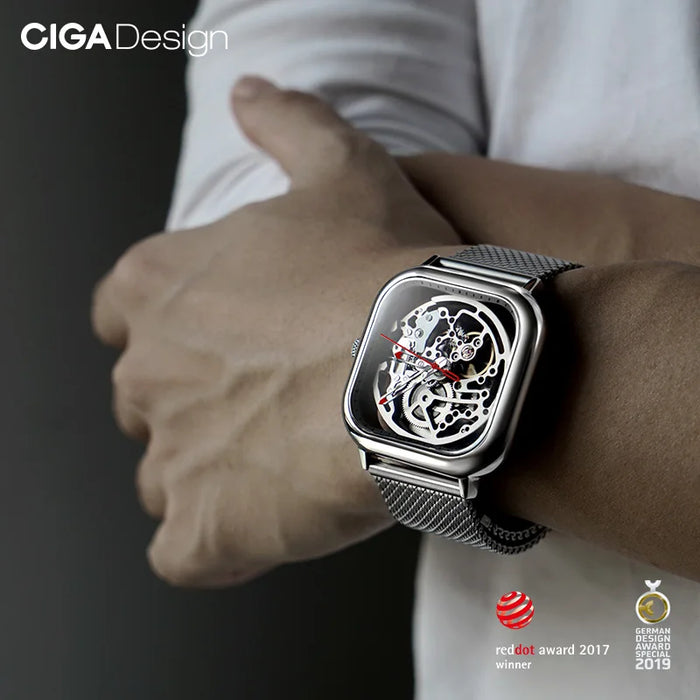 CIGA Design Mechanical Skeleton Watch for Men Women 316L Stainless Steel Square Case Automatic Movement Wrist Watches Timepiece