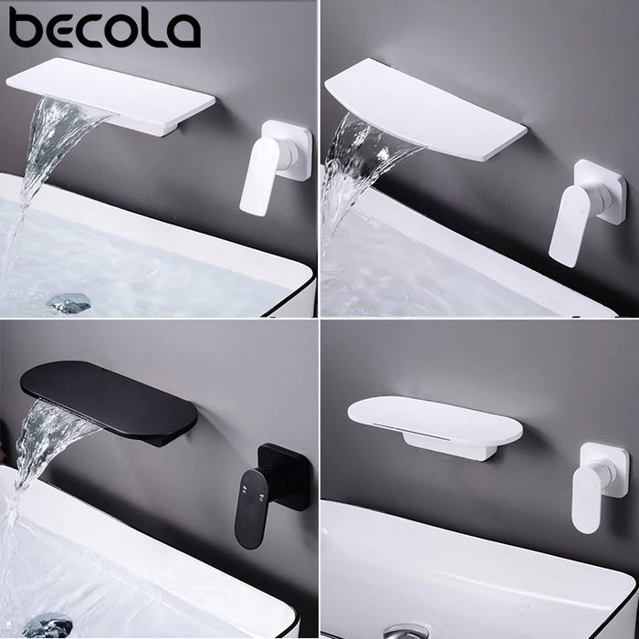 BECOLA Modern Wall-Mount Mixer Tap Sink Faucet Mixer Waterfall  Bath With Large Shelf Platform Matte Black&White Basin Faucets