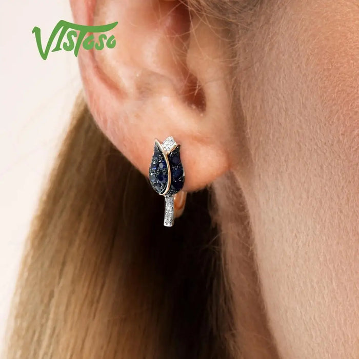 VISTOSO Jewelry Set For Woman Pure 14K 585 Rose Gold Sparkling Blue Sapphire Diamond Tulip Earrings Ring Set Fine Jewelry