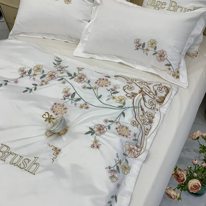 Luxury Florals Embroidery Bedding Set White Satin Cotton Bedclothes Duvet Cover Bedspread Bed Sheet Pillowcases Home Textile