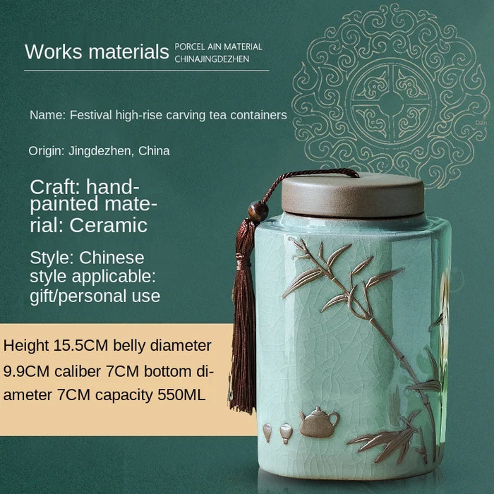 TT Ceramic Tea Jar Sealed Jar Half a Catty Package Small Portable Crackled Glaze Carved Household Tea Container