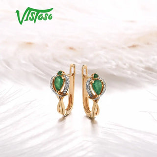 VISTOSO Gold Earrings For Women 14K 585 Yellow Gold Sparkling Emerald Luxury Diamond Wedding Anniversary Elegant Fine Jewelry