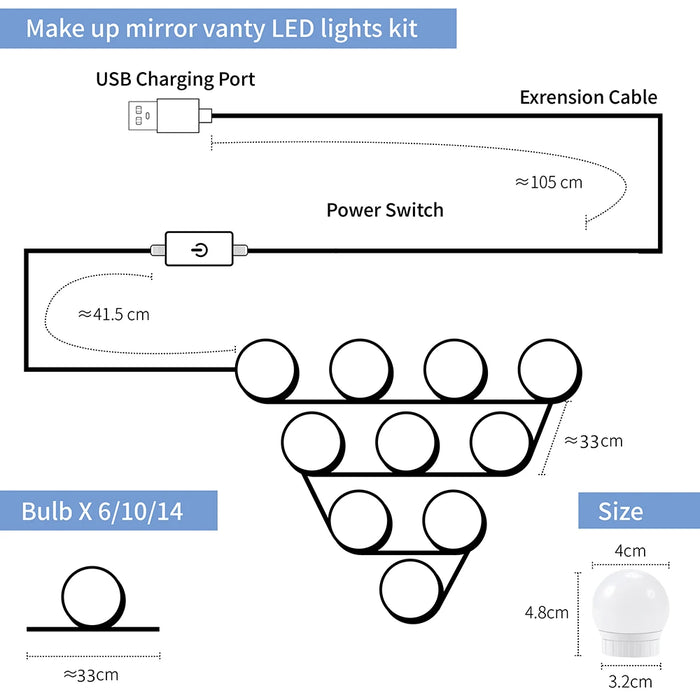 USB Makeup Mirror LED Light Bulb Hollywood Vanity Lights Stepless Dimmable Wall Lamp 2 6 10 14 Bulbs Kit for Dressing Table