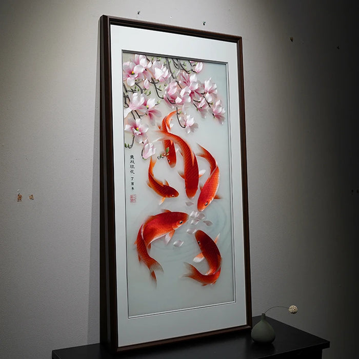 CX Hanging Painting Koi Living Room Entrance Decorative Painting Handmade Chinese Style Embroidered Painting