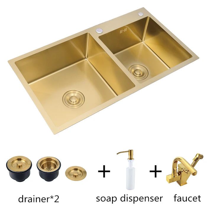 Home Improvement Nano-coating Sinks Vegetable Washing 304stainless Steel Kitchen Sinks Gold Double Bowl With Tap Above Counter