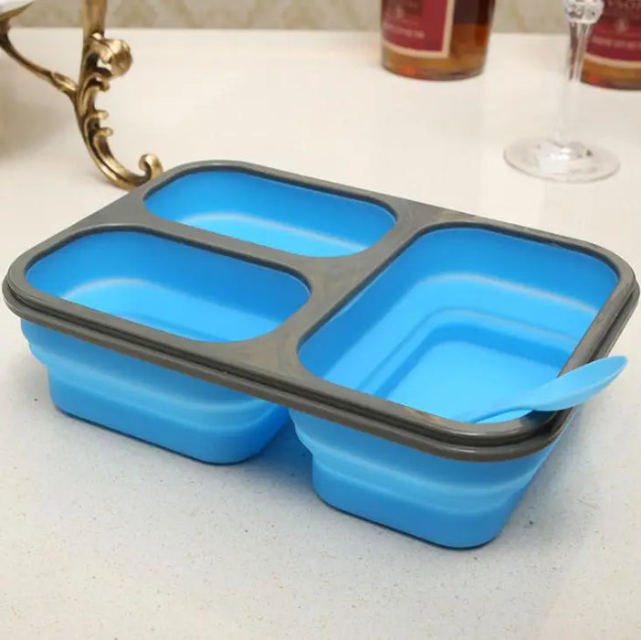 Collapsible Silicone Lunchbox Bento Folding Portable Bento Box With Fork 3 Grids Microwave Dinnerware Tools SN2103