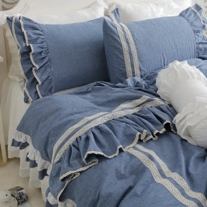 Morden Jeans Color Blue White Brief Pure Cotton Embroidered Lace Bedding Kit Queen King Size DuvetCover Pillowcase BedSheet Sets