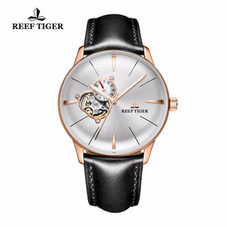 Reef Tiger/RT Luxury Casual Watches With Genuine Leather Strap Rose Gold Tourbillon Convex Lens Watches RGA8239