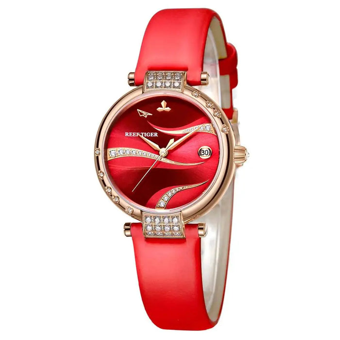 Reef Tiger/RT Rose Gold Case Stainless Steel Diamonds Fashion Womens Automatic Waterproof Red Dial Watches RGA1589