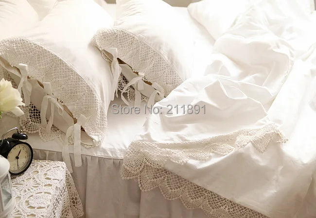 White Bedding Bed Skirt Sets Luxury Hollow Out Lace Egyptian Cotton Duvet Cover Bedspread Pillowcase Solid Color Home Textile