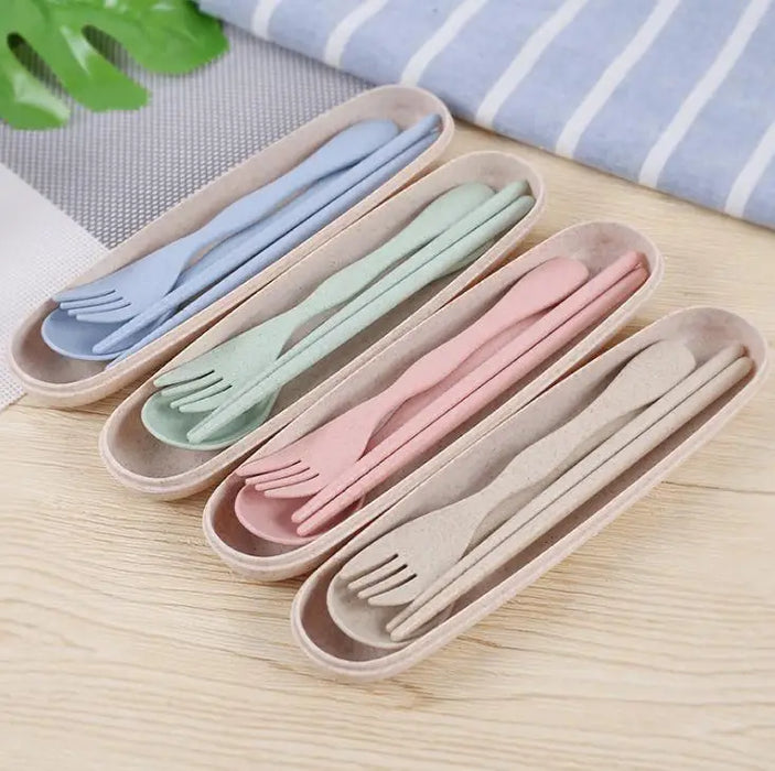 Shiny Portable Wheat Straw Tableware Cutlery Set Three Piece For Children Adult Travel Cutlery Kit Gift Dinnerware Set SN1535