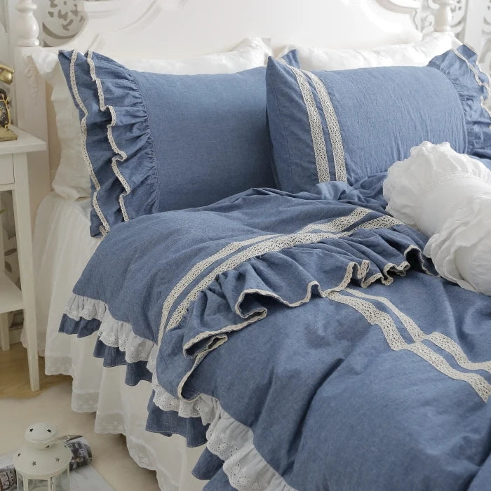 Morden Jeans Color Blue White Brief Pure Cotton Embroidered Lace Bedding Kit Queen King Size DuvetCover Pillowcase BedSheet Sets