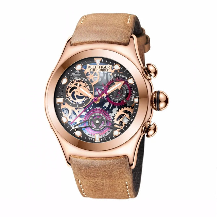 Reef Tiger/RT Skeleton Sport Watches for Men Rose Gold Luminous Quartz Watches Genuine Leather Strap RGA792