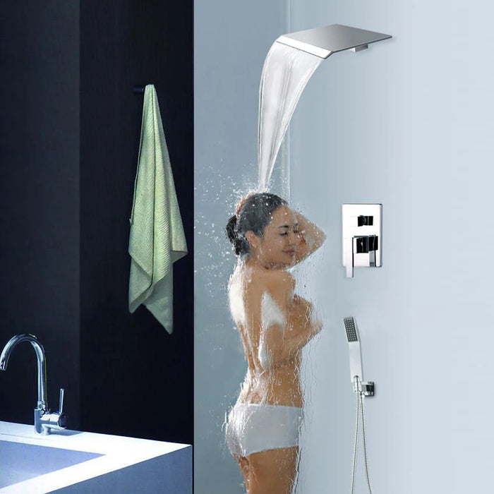 Becola Polished Chrome Luxury Wall Mounted Rain & Waterfall Shower Faucet Set With Hand Shower Single Handle BR-PB-100