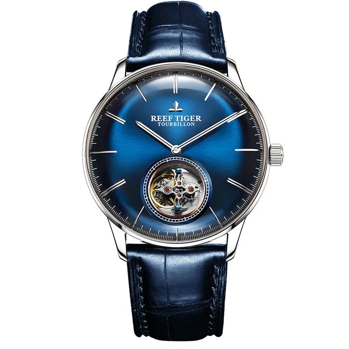 Reef Tiger/RT Blue Tourbillon Watch Men Automatic Mechanical Watches Genuine Leather Strap relogio masculine RGA1930