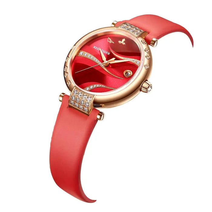 Reef Tiger/RT Rose Gold Case Stainless Steel Diamonds Fashion Womens Automatic Waterproof Red Dial Watches RGA1589