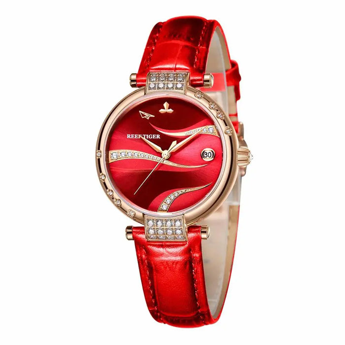 Reef Tiger/RT Automatic Watches Women Rose Gold Case Red Genuine Leather Strap Day Automatic Diamond RGA1589