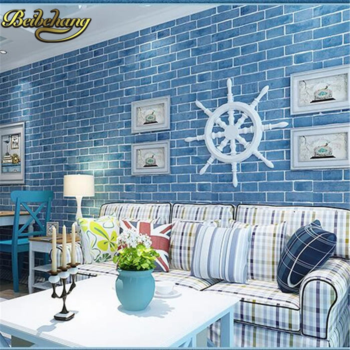 beibehang papel de parede Culture brick blue Mediterranean brick wallpaper box living room study bedroom style wall paper